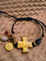 Χρυσό Βραχιόλι με Μαύρο Ρυθμιζόμενο Κορδόνι & Χάντρες