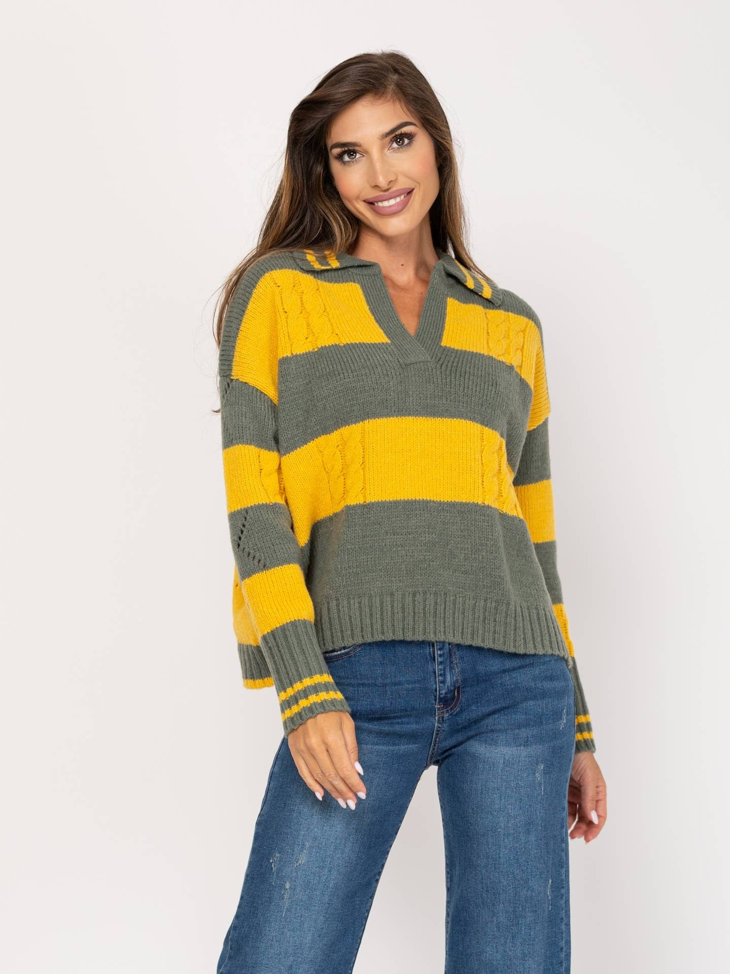 3f8f21bffeabe64f2f7338390baf0a13f686a21a744400139b00046158191a41 Ριγέ πλεκτό ζιβάγκο με γιακά πουκαμίσου Large - Image 1