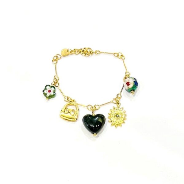 Βραχιόλι με Χρυσή Αλυσίδα και Γούρια Καρδιά από Ρητίνη – Ατσάλι 316L – 7bis (πράσινο)
