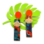 Ξύλινα Σκουλαρίκια με African Wax & Ginkgo – Χειροποίητα Ethnic Σκουλαρίκια σε Πορτοκαλί & Μπλε - Image 2