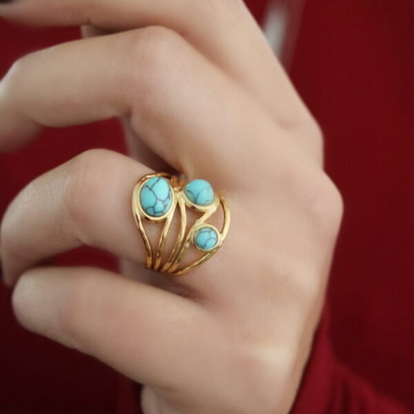 Δαχτυλίδι από Ανοξείδωτο Ατσάλι με 3 Πέτρες Τυρκουάζ Χαολίτη – Αυξομειούμενο Boho