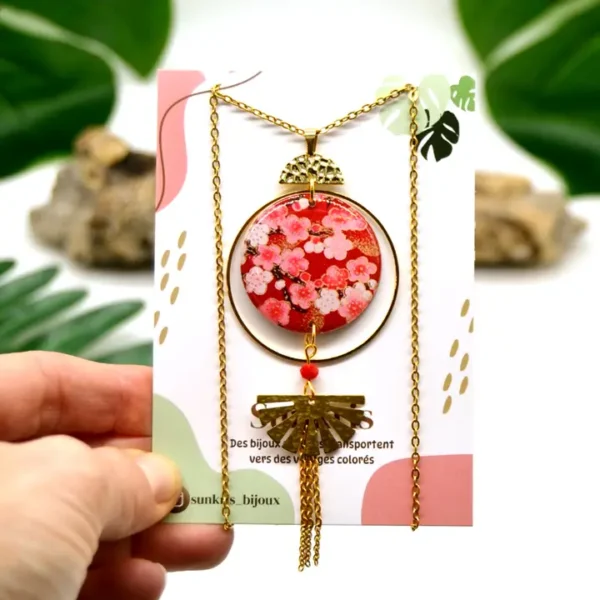Boho Μακρύ Κολιέ Sakura (Ιαπωνία) – Χειροποίητο Κολιέ με Ρητίνη & Χρυσά Στοιχεία