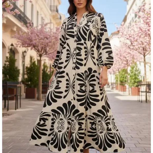 Maxi Φόρεμα Ασπρόμαυρο με Floral Print από 100% Βισκόζη – Αέρινο Loose Fit