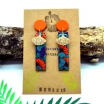 Ξύλινα Σκουλαρίκια με African Wax & Ginkgo – Χειροποίητα Ethnic Σκουλαρίκια σε Πορτοκαλί & Μπλε