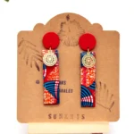 Ξύλινα Ethnic Σκουλαρίκια με African Wax – Ορθογώνια Χειροποίητα Σκουλαρίκια σε Πορτοκαλί & Μπλε