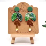 Boho Tropical Σκουλαρίκια Monstera με Ρητίνη – Πράσινα & Χρυσά Χειροποίητα Σκουλαρίκια - Image 6