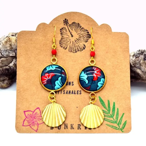 Ethnic Σκουλαρίκια African Wax με Floral Μοτίβο – Τιρκουάζ & Κόκκινα Statement Σκουλαρίκια