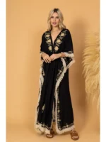 Μαύρο Κιμονό με Κέντημα & Κρόσσια από 100% Βαμβάκι – Boho Statement One Size