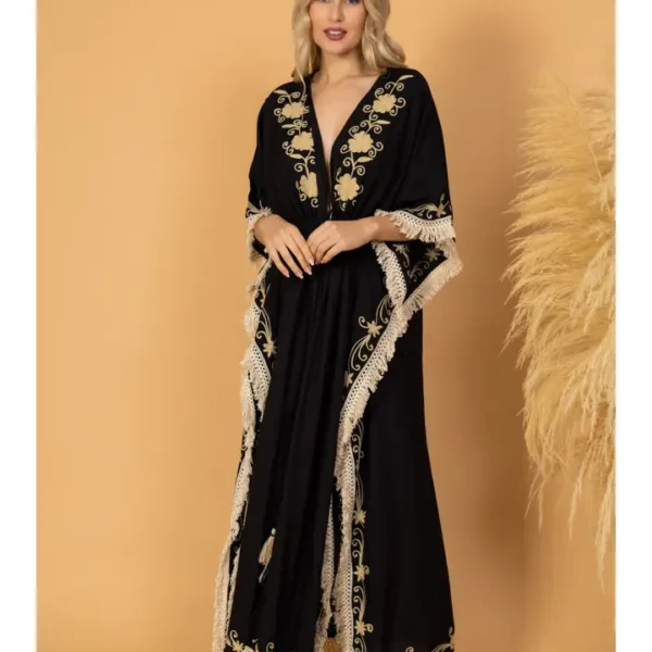 Μαύρο Κιμονό με Κέντημα & Κρόσσια από 100% Βαμβάκι – Boho Statement One Size