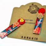 Ξύλινα Ethnic Σκουλαρίκια με African Wax – Ορθογώνια Χειροποίητα Σκουλαρίκια σε Πορτοκαλί & Μπλε - Image 5