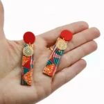 Ξύλινα Ethnic Σκουλαρίκια με African Wax – Ορθογώνια Χειροποίητα Σκουλαρίκια σε Πορτοκαλί & Μπλε - Image 4