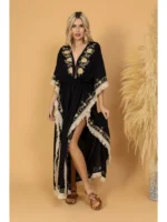 Μαύρο Κιμονό με Κέντημα & Κρόσσια από 100% Βαμβάκι – Boho Statement One Size - Image 3