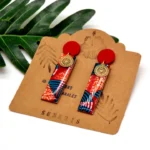 Ξύλινα Ethnic Σκουλαρίκια με African Wax – Ορθογώνια Χειροποίητα Σκουλαρίκια σε Πορτοκαλί & Μπλε - Image 2