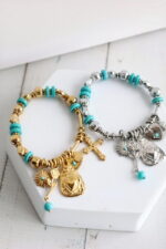 Ελαστικό Βραχιόλι από Ανοξείδωτο Ατσάλι με Τυρκουάζ Πέτρες & Charms