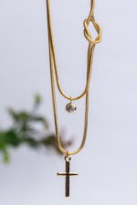 Διπλό Κολιέ από Ανοξείδωτο Ατσάλι με Σταυρό & Λευκό Ζιργκόν