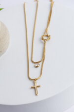 Διπλό Κολιέ από Ανοξείδωτο Ατσάλι με Σταυρό & Λευκό Ζιργκόν - Image 3