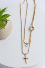 Διπλό Κολιέ από Ανοξείδωτο Ατσάλι με Σταυρό & Λευκό Ζιργκόν - Image 2