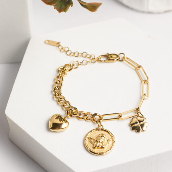 Βραχιόλι από Ανοξείδωτο Ατσάλι με Φλουρί, Καρδιά & Τετράφυλλο Τριφύλλι – Angel Collection