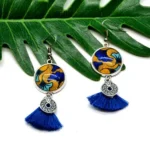 Boho Ethnic Σκουλαρίκια African Wax με Πομ Πομ – Μπλε & Κίτρινα Χειροποίητα Σκουλαρίκια - Image 4