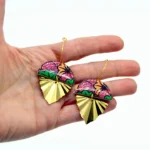 Boho Σκουλαρίκια Ημικύκλιο από Ρητίνη & Wax Paper – Ροζ & Πράσινα Χειροποίητα - Image 3