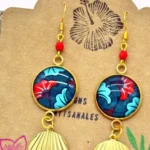 Ethnic Σκουλαρίκια African Wax με Floral Μοτίβο – Τιρκουάζ & Κόκκινα Statement Σκουλαρίκια - Image 3