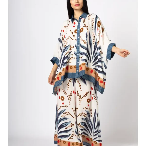 Oversized Σετ Tropical Print από Βισκόζη – Μακρύ Πουκάμισο & Παντελόνι Καλοκαιρινό Statement