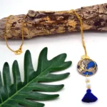 Boho Ethnic Μακρύ Κολιέ African Wax – Μπλε & Λευκό Χειροποίητο Κολιέ με Φούντα & Μαργαριτάρια